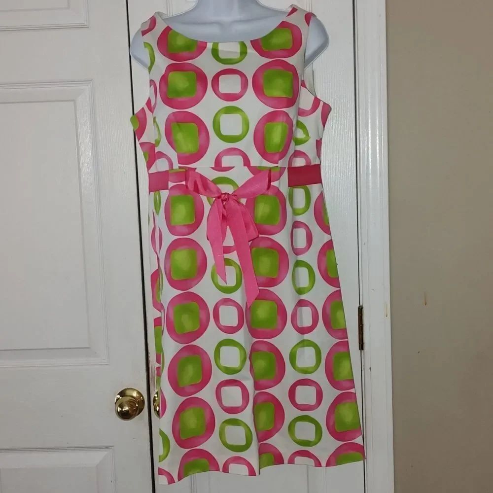 Kim Rogers sleeveless summer pink lime green circle dress Sz 12